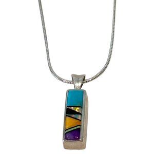 Sterling Silver Multi Gemstone Stone Pendant Necklace Rectangle 20"